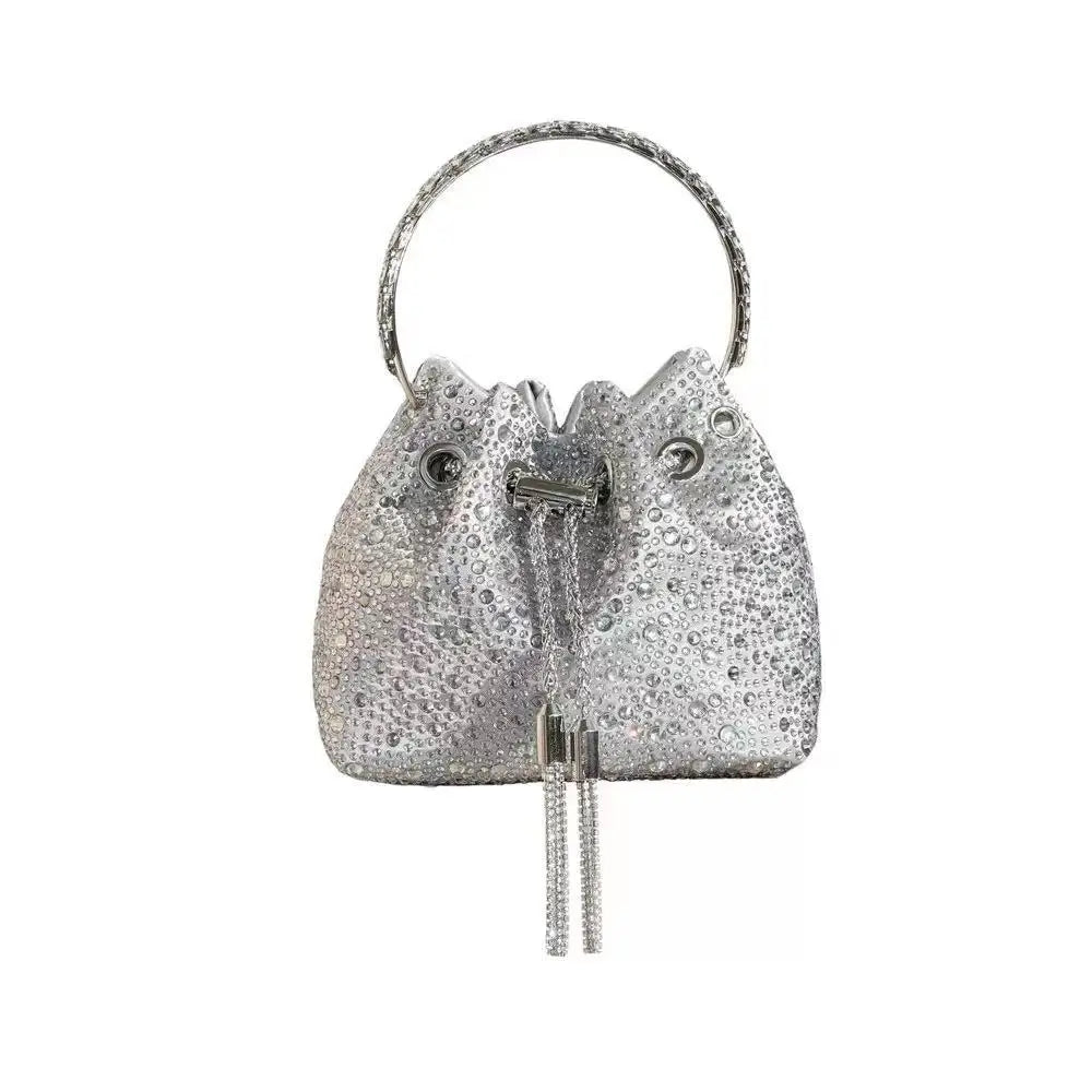 Silver crystal-embellished evening clutch with a chain detail
