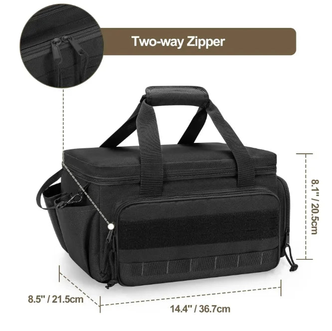 Black heavy-duty tool bag featuring a two-way zipper and reinforced base.