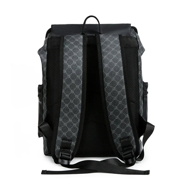 Black leather messenger backpack with gray patterned fabric and black straps