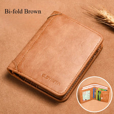A Bi-fold Brown leather wallet shown on a brown surface with a close-up of the interior.