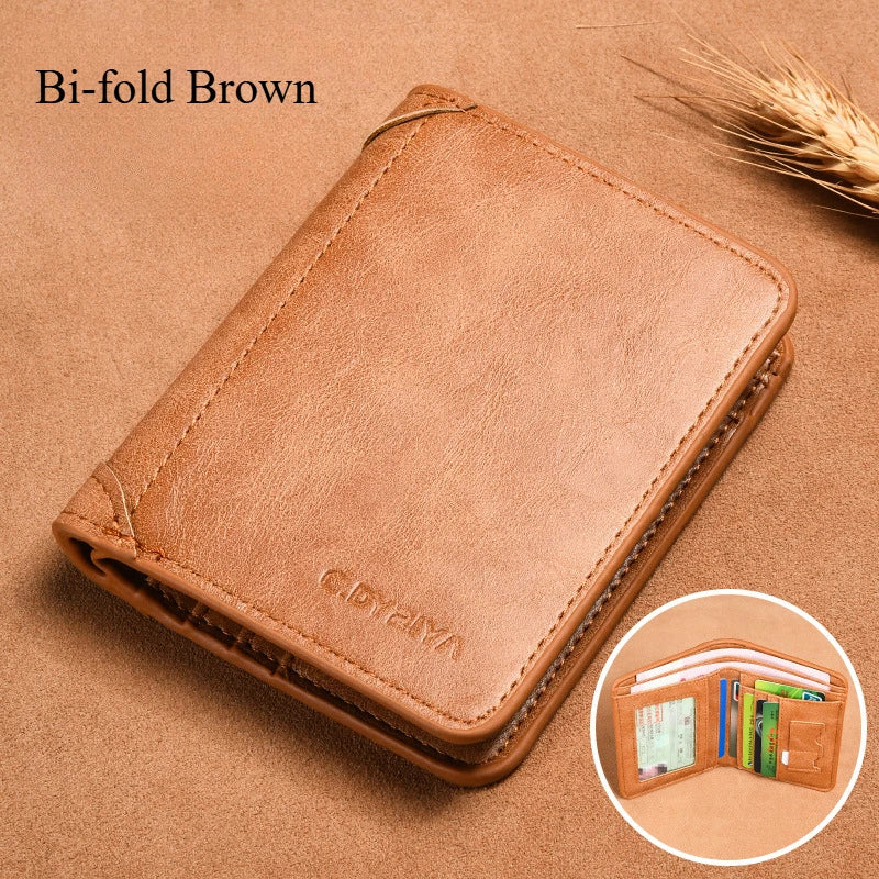 A Bi-fold Brown leather wallet shown on a brown surface with a close-up of the interior.