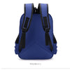 A navy blue cartoon anime backpack shown from the back with black straps.