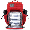 A red tactical backpack with a US flag patch, featuring an illuminated clear storage compartment.