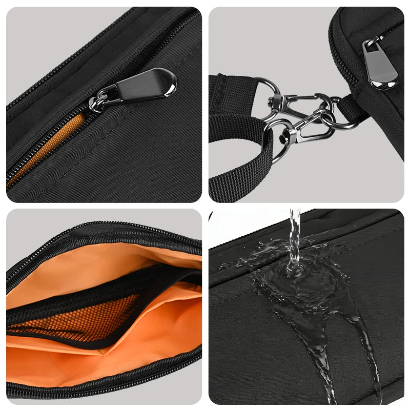 Black zipper phone pouch with a silver wrist strap and an orange lining visible in various angles.