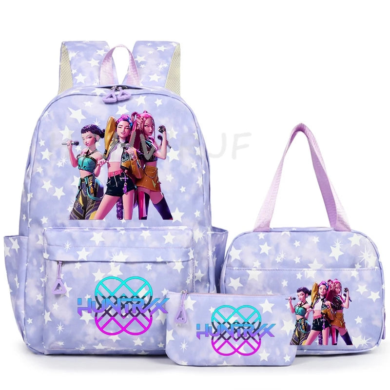 A purple and white fashion backpack set featuring anime-style characters on the front.