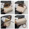 A beige vintage PU leather crossbody handbag with a tan leather strap shown in multiple angles.