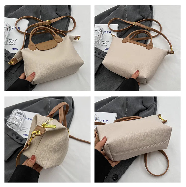 A beige vintage PU leather crossbody handbag with a tan leather strap shown in multiple angles.
