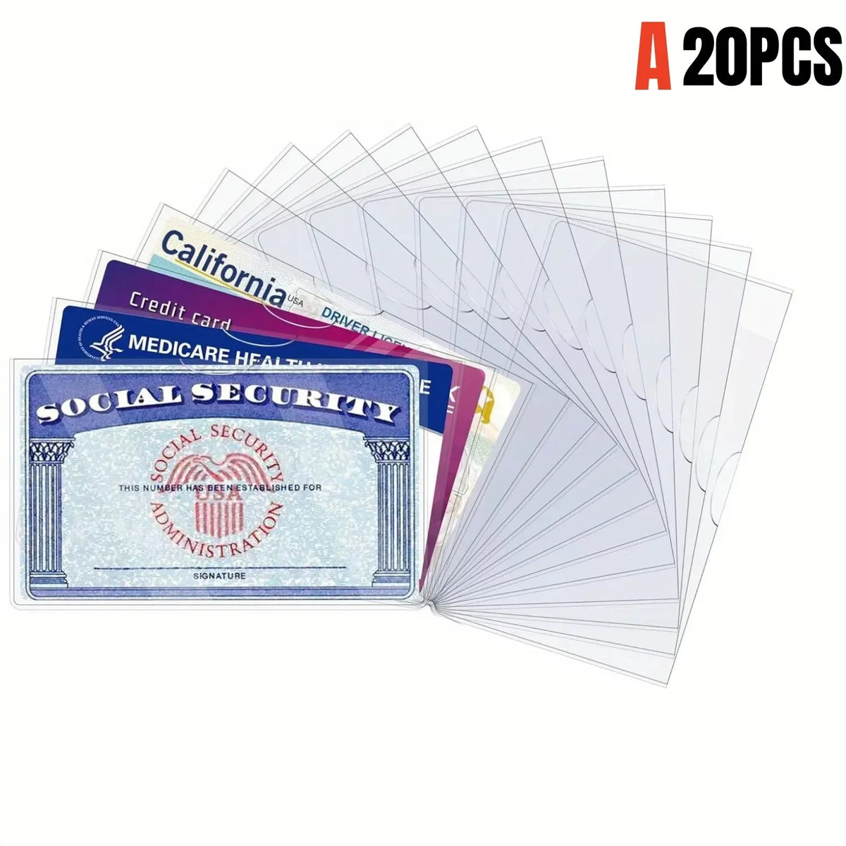 A stack of clear PVC card and ID sleeves featuring various US identification cards like Social Security and driver's licenses