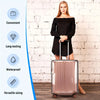 A woman stands next to a pink transparent PVC luggage cover set, highlighting its convenient, long-lasting, waterproof, and v