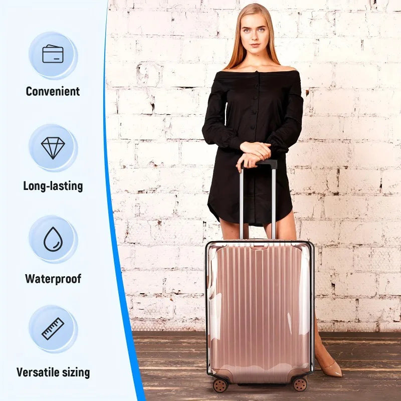 A woman stands next to a pink transparent PVC luggage cover set, highlighting its convenient, long-lasting, waterproof, and v