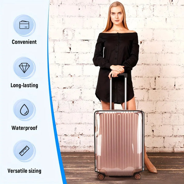 A woman stands next to a pink transparent PVC luggage cover set, highlighting its convenient, long-lasting, waterproof, and v