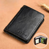 A black luxury PU leather men's wallet lying on a tan surface with a small circular inset showing the interior.
