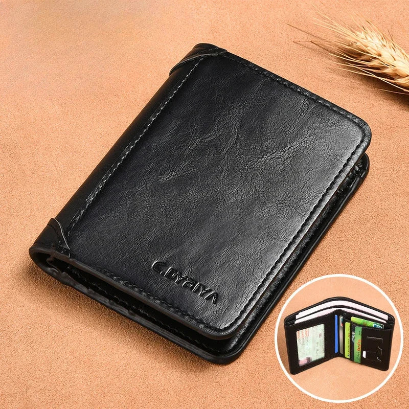 A black luxury PU leather men's wallet lying on a tan surface with a small circular inset showing the interior.