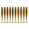 A row of ten adjustable soft lure fishing tackle lures in shades of gold and brown.