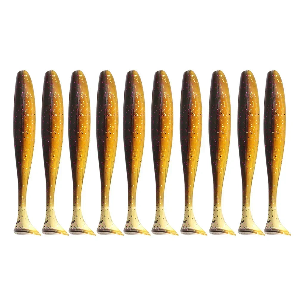 A row of ten adjustable soft lure fishing tackle lures in shades of gold and brown.