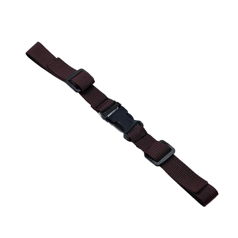 A dark maroon adjustable tactical backpack chest strap harness.