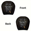Front and back views of a black silicone car headrest cover featuring a fierce gorilla face with a gold nose ring.