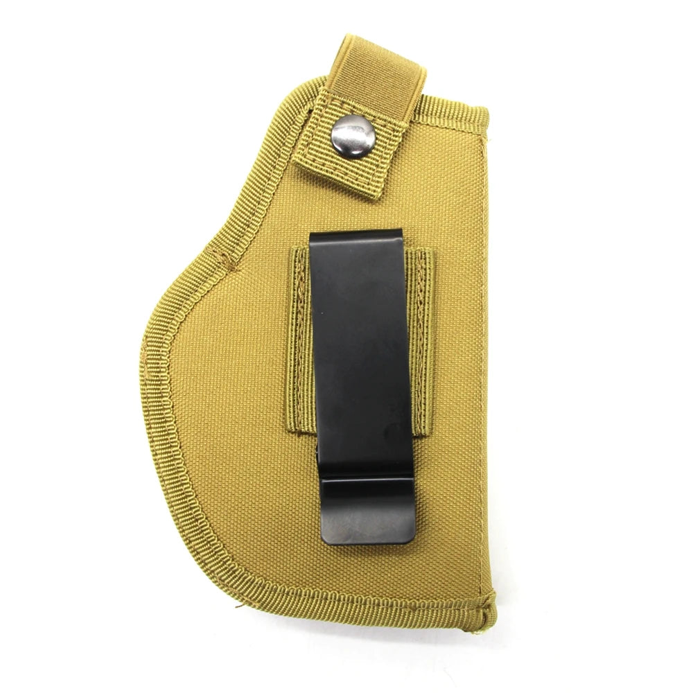 Olive green concealment holster for a firearm with a metal belt clip.