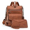 A brown retro PU leather travel backpack with a flap and tassel detail.