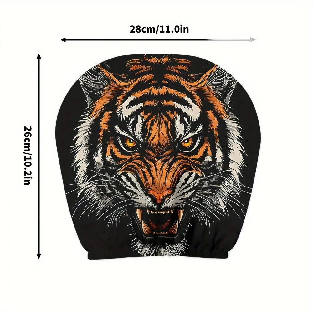 Protector de reposacabezas para coche doble cara negro con detall de cara de tigre naranja y blanca.