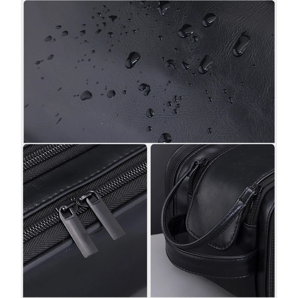 Gros plan d'un sac de toilette en cuir PU noir avec détails de fermeture éclair et une sangle en cuir.