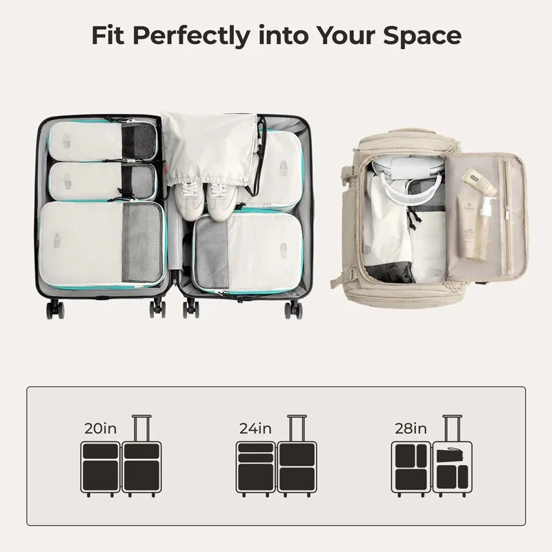 A set of six expandable compression packing cubes in various sizes and colors shown next to size comparison icons.