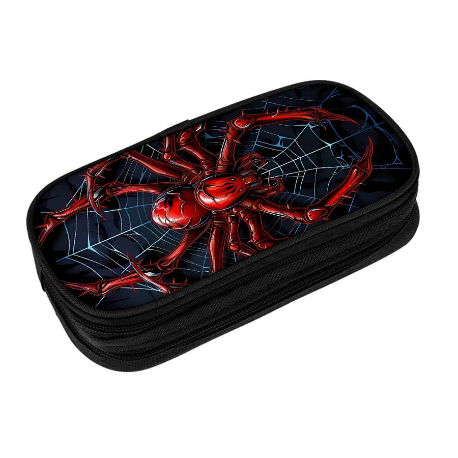 A black pencil case with a vibrant red spider pattern design on the interior.