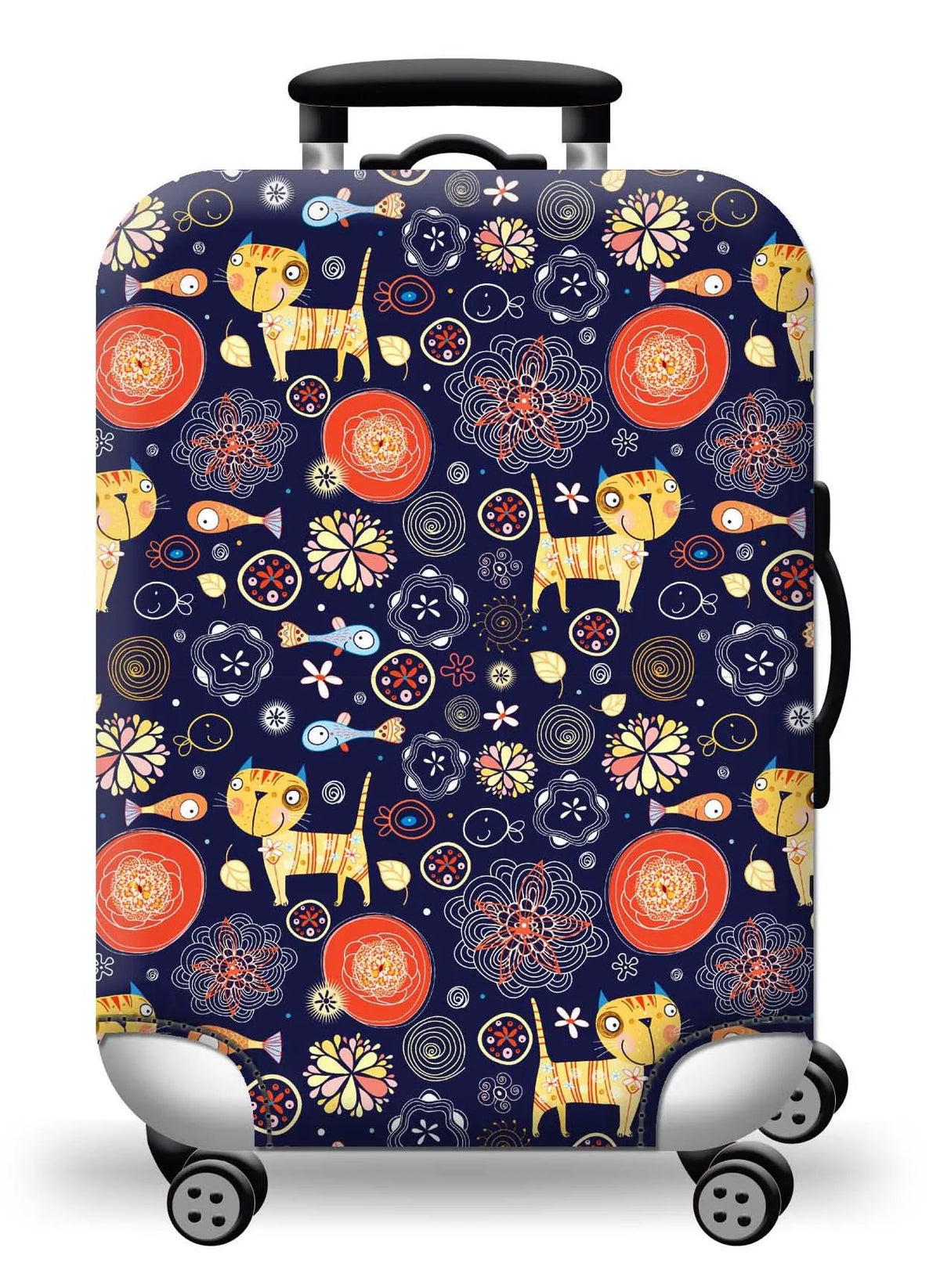 A navy blue suitcase with a colorful, repeating pattern of cats and floral designs.