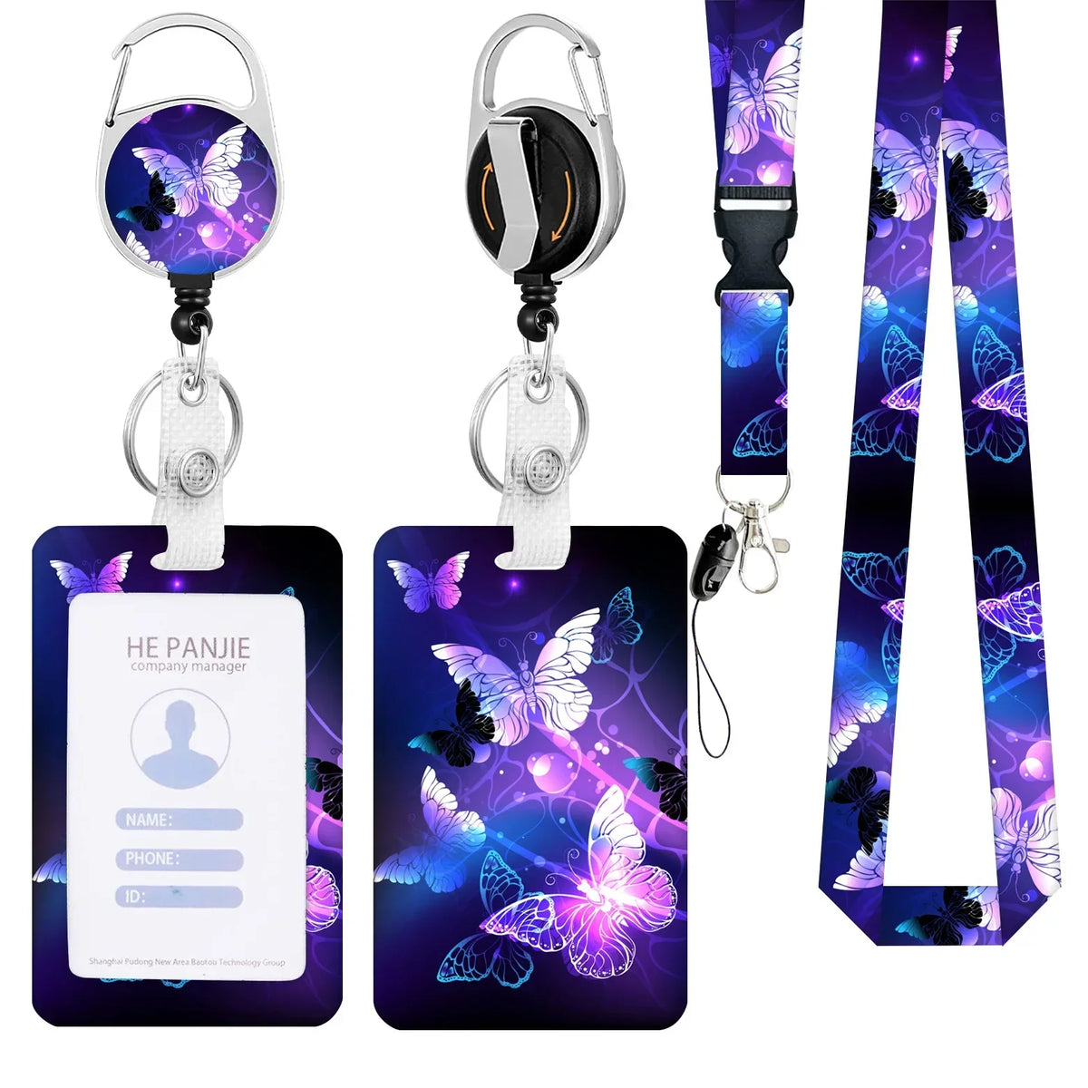 A purple and blue butterfly themed badge reel with a silver clasp and a long lanyard.
