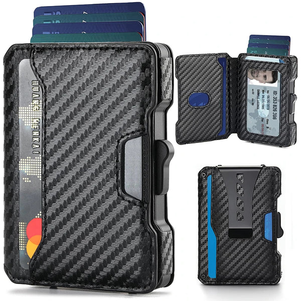 A black textured wallet with a money clip and multiple cards is shown in a close-up view.