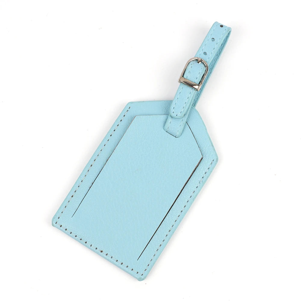 Light blue PU leather luggage tag with a silver buckle attached to a strap