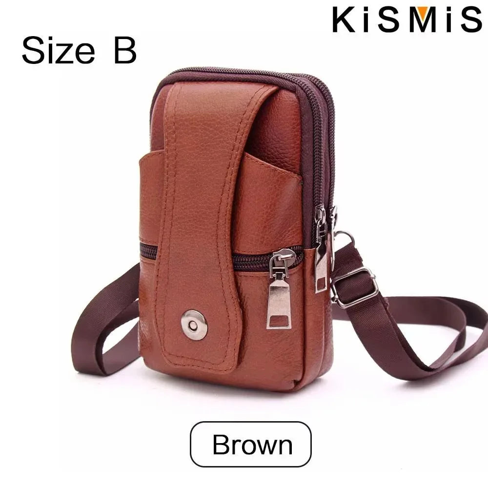 Brown vintage leather waist bag with a belt clip for phone and essentials