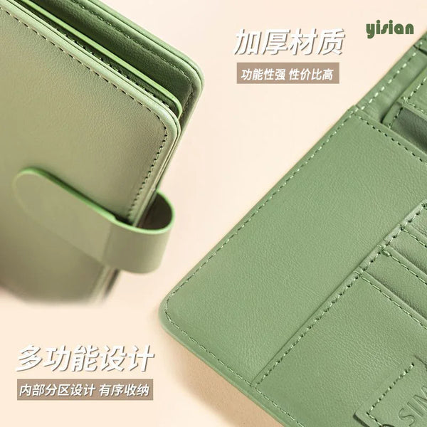 A close-up of a light green slim PU leather wallet designed for passport and ID, showing stitching details.