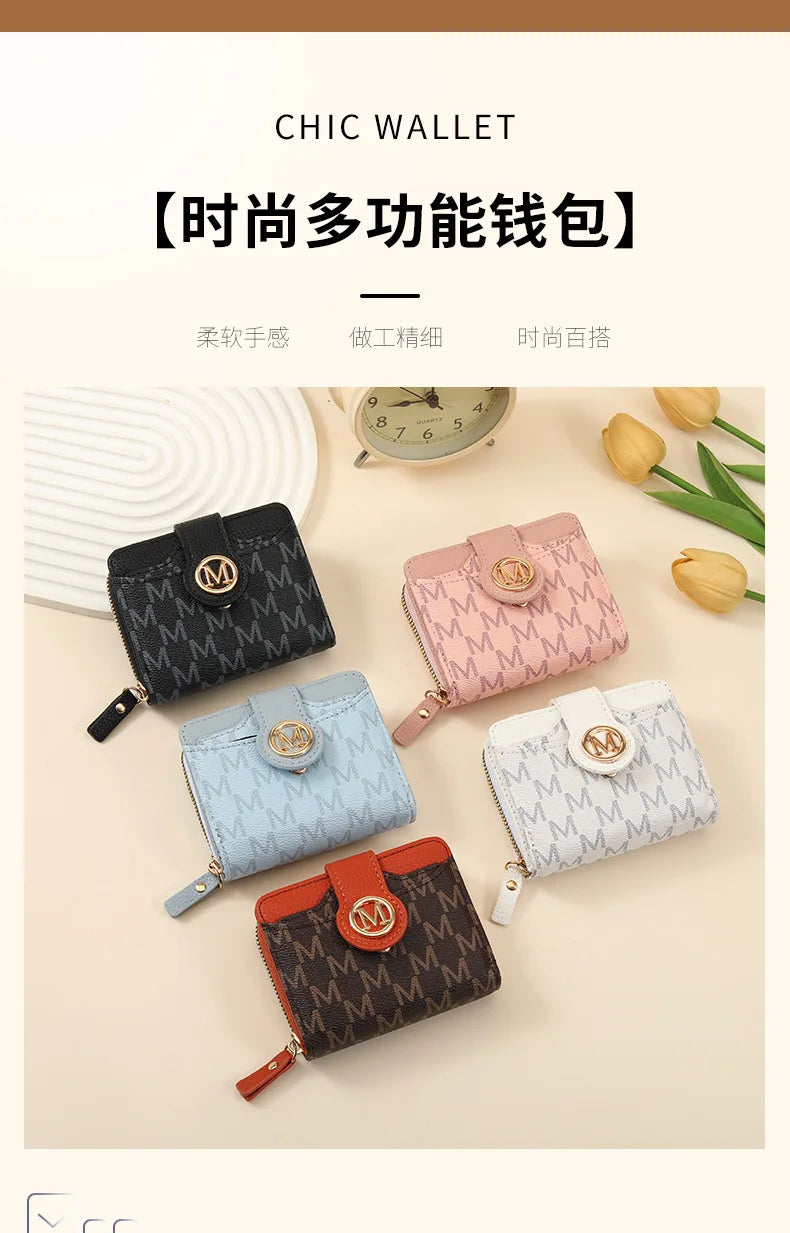 A collection of six chic wallets in various colors and patterns, including black, pink, blue, and brown, displayed on a light
