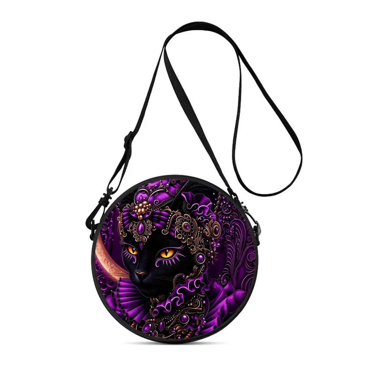 A purple cartoon cat round crossbody bag with gold detailing and a black strap.