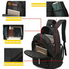 Black nylon backpack featuring multiple pockets, a side mesh pocket, and reinforced sewing.