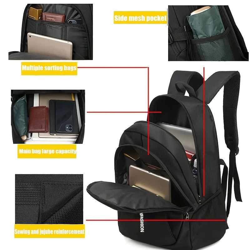 Black nylon backpack featuring multiple pockets, a side mesh pocket, and reinforced sewing.