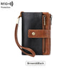 A brown and black vintage RFID blocking multi-slot wallet with a leather strap.