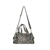 A leopard print riveted shoulder bag with a long strap shown against a white background.