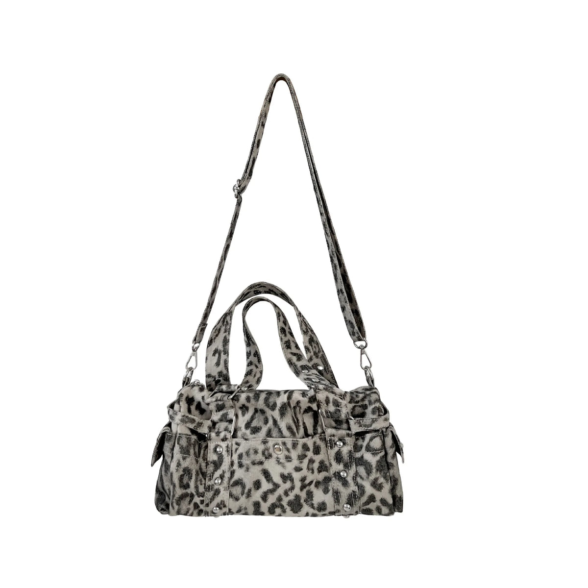 A leopard print riveted shoulder bag with a long strap shown against a white background.