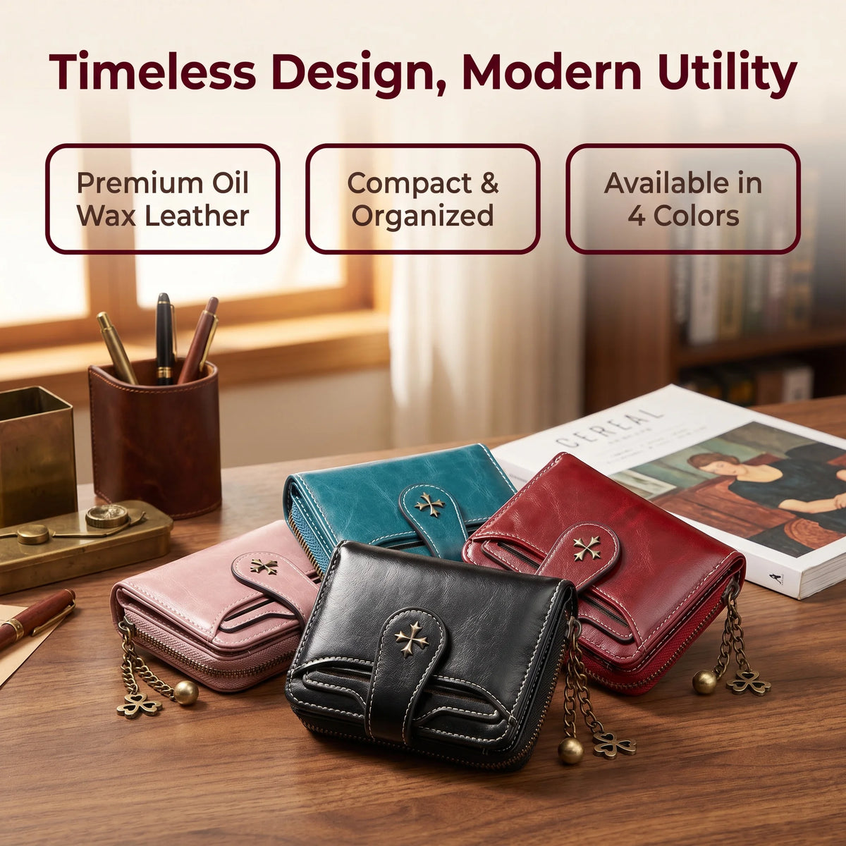 A collection of black, pink, and red leather mini wallets with clover charms displayed on a wooden surface.