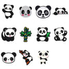 A collection of decorative shoe charms and pins featuring various panda designs.