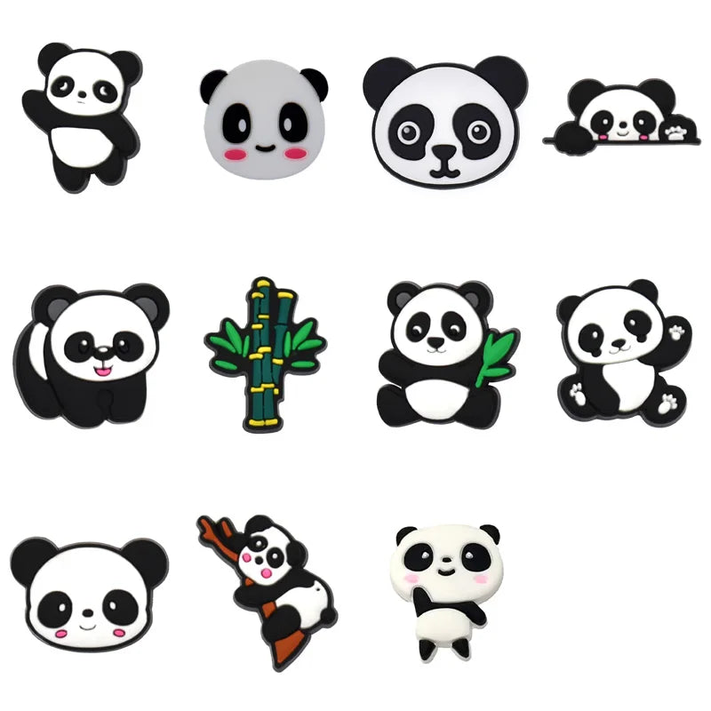A collection of decorative shoe charms and pins featuring various panda designs.