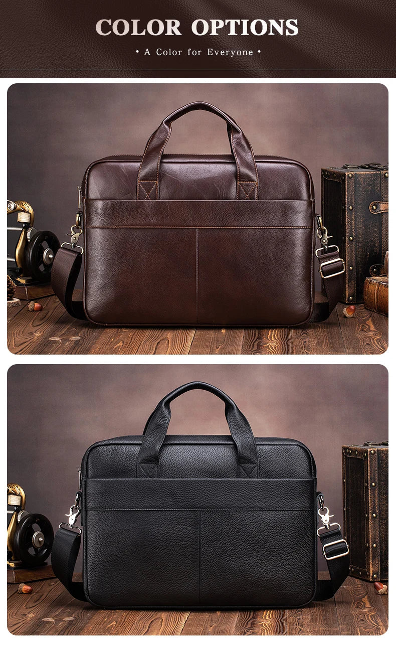 A brown genuine leather men's briefcase shown in a top-down view with a leather strap and a vintage box.