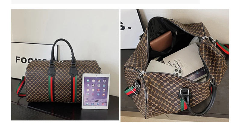 A brown plaid women's travel duffle bag is shown next to a tablet.