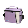 A purple insulated reusable lunch bag with a black strap and white interior lining.