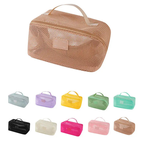 A collection of cosmetic organizer pouches in various colors including beige, purple, yellow, green, and pink.