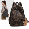 A brown leopard print backpack shown with a model wearing it and a small teddy bear.