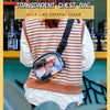A person is wearing a transparent clear chest bag with an adjustable strap over a striped vest.