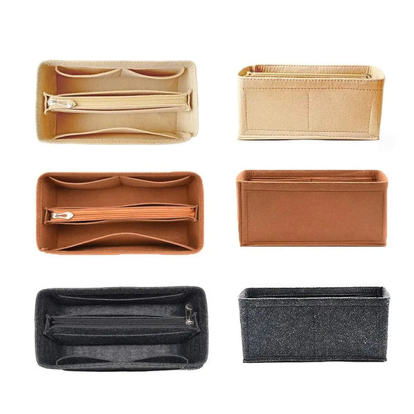 A set of multi-pocket felt bag organizer inserts in various shades of tan, brown, and black.